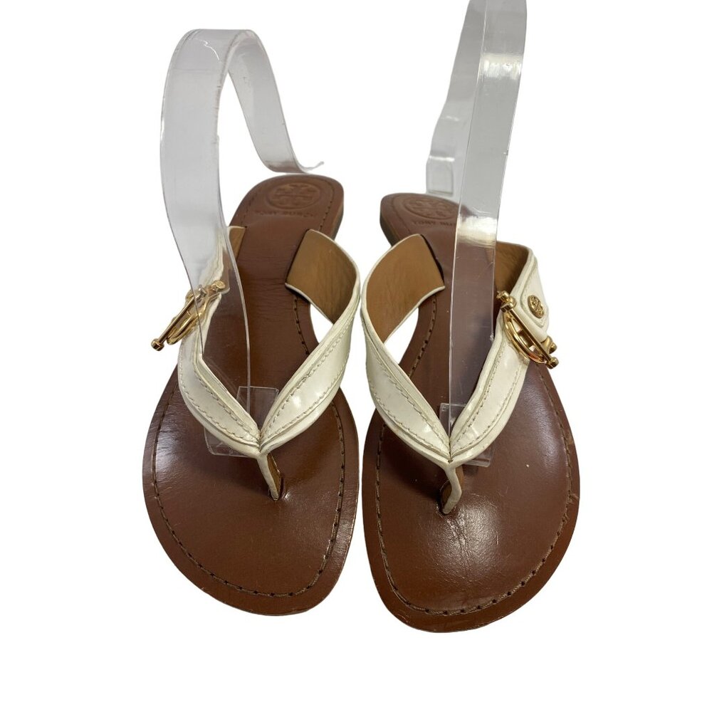 Tory Burch White & Brown Horsebit Leather Thong Sandals Size 6.5M